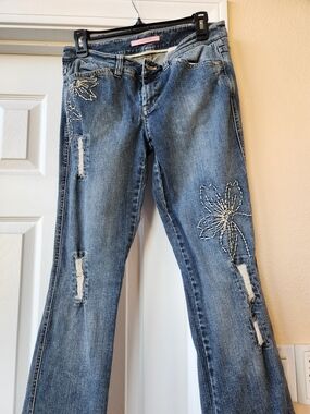 Gianni Bini Blue Distressed Flare Jeans with Floral Stitching